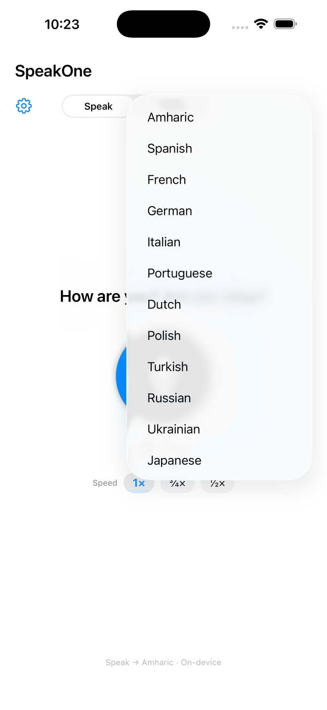 SpeakOne language picker with Amharic