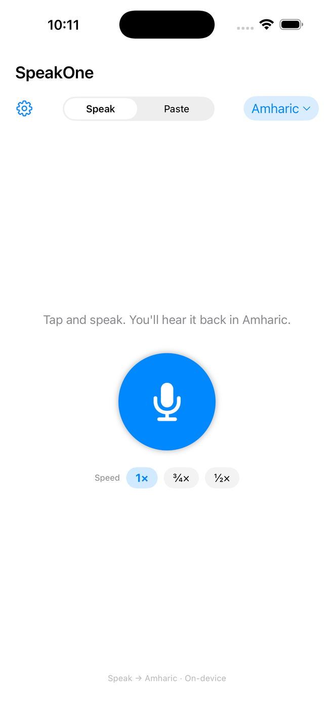 SpeakOne — speak and hear it in Amharic